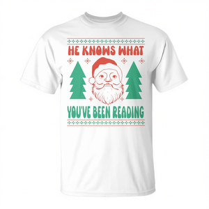 T-shirt pour les amateurs de livres de Noël, avec motif de Noël « Il sait ce que vous lisez », blanc, taille M - Product Image 2