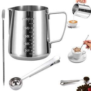 Mousseur à lait en acier inoxydable 304 avec graduations, stylo à latte art et cuillère doseuse – Accessoires de café très demandés - Product Image 1