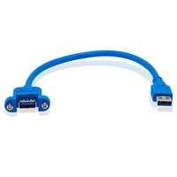 Câble USB 3.0 DFX à montage sur panneau, 50 cm, bleu, 5 Gbit/s, blindé, cuivre étamé, PVC, nickelé, mâle-femelle, avec vis pour châssis de bureau