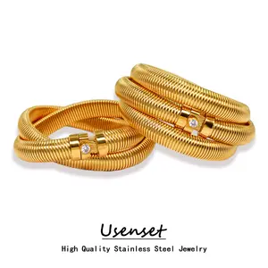 USENSET 35mm Chunky Wide Layered Stainless Steel Bracelet Attractive Punk 18k Gold Plated Bangle Wholesale Jewelry