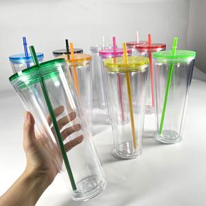 Vaso transparente de tapa plana preperforada de acrílico de plástico con aislamiento de doble pared de 24oz vaso en blanco de colores mezclados con tapas y pajitas - Product Image 4