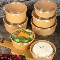 Ronde papieren saladekom met doorzichtig deksel, wegwerpbaar, oliebestendig, met aangepast logo, voor afhaal fruit salade.