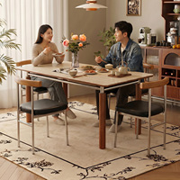 Table à manger minimaliste en dalle de quartz avec pieds en acier inoxydable, design rectangulaire moderne du milieu du siècle, ensemble de salle à manger multifonctionnel en pierre