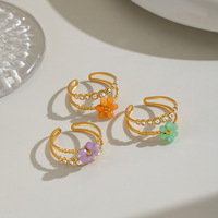 Cincin Bunga Berlapis Emas 18K Trendy dengan Zirkon dan Enamel, Cincin Jari Telunjuk Geometris Berlapis Ganda dari Baja Tahan Karat
