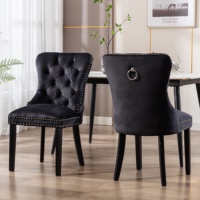 Meubles classiques bon marché, chaise de salle à manger à cadre en bois en tissu de velours noir avec anneau rembourré et tufté