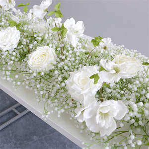 結婚式の装飾ホワイトローズと赤ちゃんの息の花テーブルランナーセンターピースアイル花ランナーフラワーアレンジメント - Product Image 3