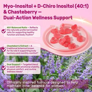 Gomitas de Mioinositol y D-Chiroinositol para Mujeres, Apoyo para el SPM, Equilibrio y Estado de Ánimo, con Chasteberry, Folato, Magnesio y Ashwagandha - Product Image 4