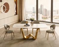 Table de salle à manger rectangulaire STG, style européen moderne, luxe, durable, plateau en pierre frittée imperméable, pieds en acier inoxydable, 6 places