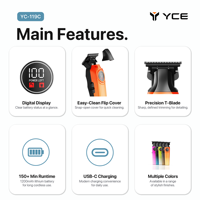 Tondeuse à cheveux électrique sans fil YC-119C avec affichage LED, charge USB-C, autonomie de 150 minutes, 7000 tr/min, lames en céramique et acier inoxydable