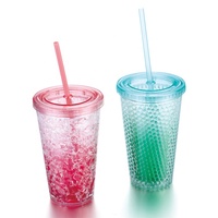 Mug en plastique à double paroi avec paille, à conserver au congélateur