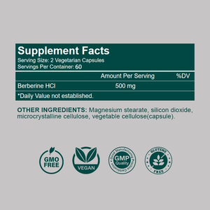 Cápsulas de Berberina HCl OEM, 120 Unidades, Apoya la Función Inmunológica, Vegano, Sin OMG, Sin Gluten, Suplemento Dietético - Product Image 3