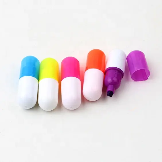 Novelty Pill Shaped Mini Highlighter ปากกาสำหรับโปรโมชั่นและซูเปอร์มาร์เก็ต