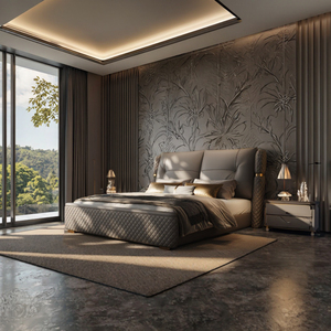 <span class=keywords><strong>Lit</strong></span> double King Size en cuir véritable <span class=keywords><strong>gris</strong></span> personnalisé avec dossier souple rembourré à la main avec cadre en bois design moderne - Product Image 2