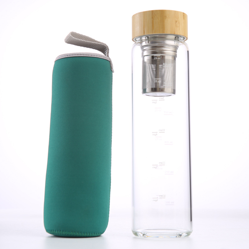 750~1000ml Bamboo wood cover high borosilicate single-layer glass with tea influser outdoor sports water bottle