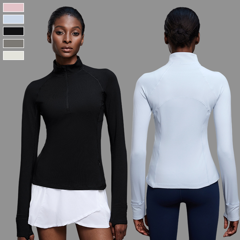 Custom Logo Half Zipper Slim Fit Gym Stand Collar Thumb Holes Long Sleeve Fitness Yoga Shirt with Pocket for Women