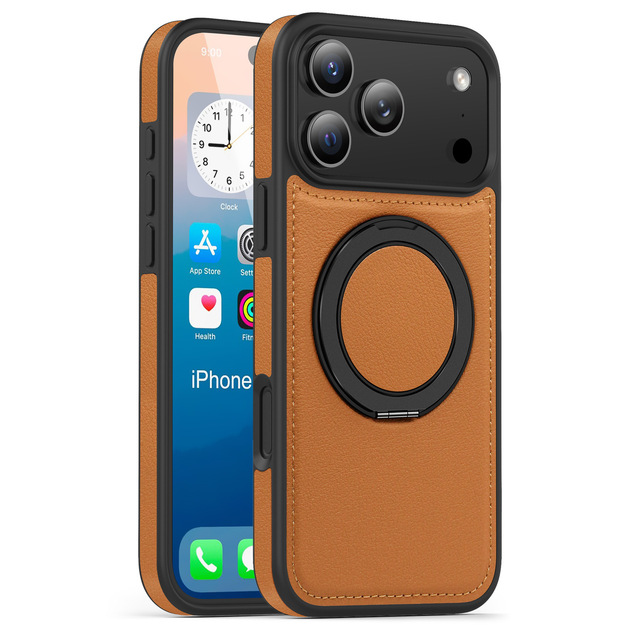 Retro Leather Rotatable Metal Ring Holder Stand Magnetic Phone Case for iPhone 17 Pro Max 16 Soft TPU Cover