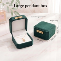 Coffret à bijoux octogonal en velours vert foncé, boîte de présentation multi-tailles avec logo métallique personnalisé pour bague, collier, bracelet, pendentif