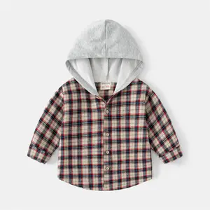 Ivy41929A 2022 Cool Boy Kinderen Herfst Winter Plaid Lange Mouwen Shirt Jongens Hooded Casual Top Shirts