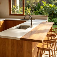 Îlot de cuisine extérieur de luxe tropical en acier inoxydable, personnalisable, avec évier intégré, pour cuisson et repas en famille, populaire en Malaisie