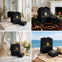Ensemble élégant de sacs cadeaux et boîtes en papier noir personnalisés avec logo doré pour emballage de luxe, sac de shopping de qualité supérieure avec poignée découpée