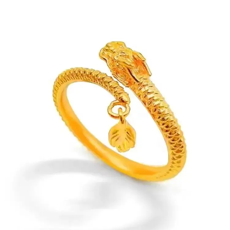 Chinese brass gold-plated dragon design women's ring ethnic style open frosted ring