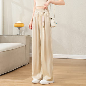 กางเกงเอวสูงผ้าไอซ์ซิลค์สำหรับผู้หญิงใส่ในฤดูร้อนกางเกงเอวสูงแบบจีนใส่ลำลองใส่เล่นทรงขากว้างกางเกงชาเบนเอวยางยืด - Product Image 6