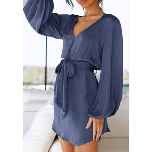 FOXA Vestido corto de satén para mujer, vestido de cóctel con cuello en V y lazo cruzado - Product Image 3
