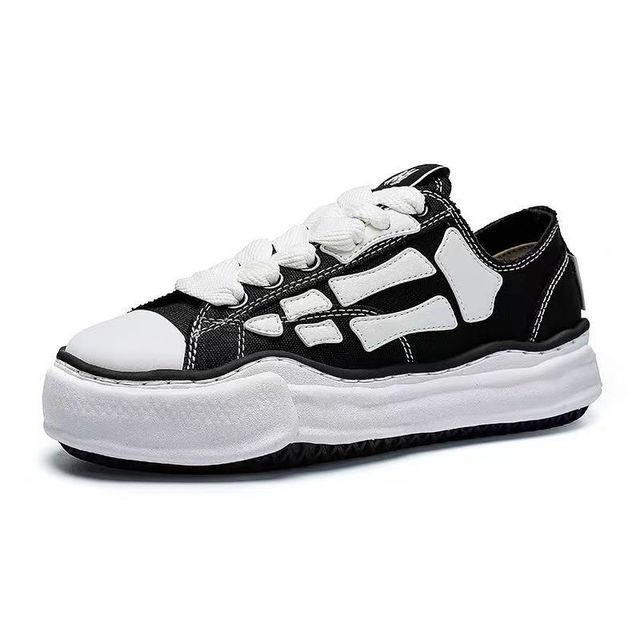 Black White Skeleton Pattern Low Top Deconstructed Thick Sole Canvas Sneakers