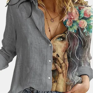 Женский топ с отложным воротником и длинным рукавом, элегантная однобортная льняная рубашка с отложным воротником и цветочным принтом, свободная льняная блузка для женщин