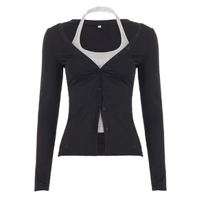 Top de punto con cuello halter y bloques de color, camiseta informal de manga larga para mujer, estilo de moda urbana minimalista retro Y2K - Product Image 6