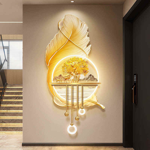 Peinture décorative d'entrée en plumes, paysage de luxe léger, <span class=keywords><strong>arbre</strong></span> à monnaie, <span class=keywords><strong>tableau</strong></span> mural LED pour couloir - Product Image 3
