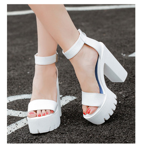 White Chunky Heel Platform Sandals With Ankle <b>Strap</b> <b>Buckle</b> Open Toe High Heeled Women's Shoes Summer Style - Product Image 4
