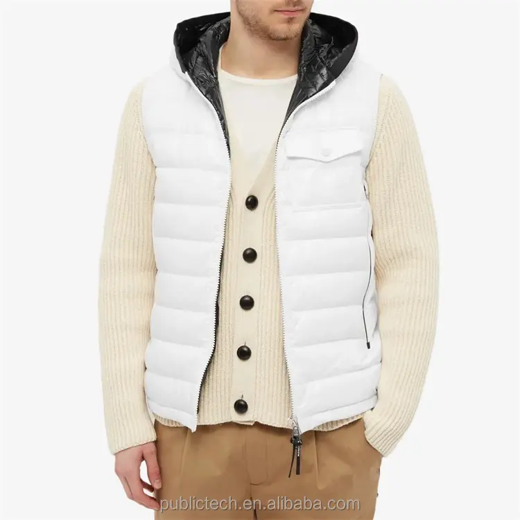 Custom 100% nylon chest pocket windbreaker padded puffer down vest with hood