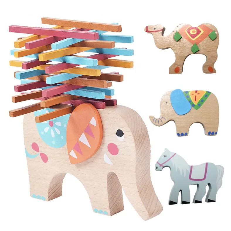 Juguete educativo Montessori para niños, caballo, Camel, elefante, bloques de equilibrio de madera, Juego