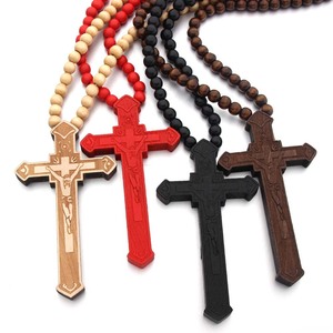 Collier de perles en bois faites à la main ethnique de haute qualité <span class=keywords><strong>St</strong></span> Benoît Crucifix croix bois chrétien prier collier pour femmes hommes - Product Image 4
