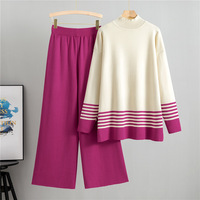 Ensemble décontracté automne transfrontalier pour femme : pull ample en maille anti-plis à motif nylon/coton et pantalon large