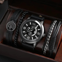 Nouveau Coffret Bijoux 4 Pièces en Alliage pour Hommes d'Affaires, Montre-Bracelet à Quartz Décontractée avec Bracelet en Cuir, Date et Chiffres, Montre Tendance