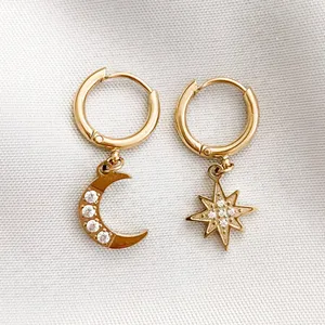 eManco New arrival korea fashion dainty jewelry gold stainless steel moon and star pendant earrings irregular women 2022