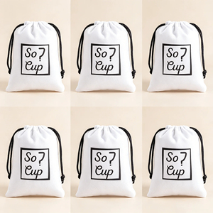 Sacs cadeaux en coton mousseline blanc recyclables personnalisés en gros avec cordon de serrage et ruban imprimé en sérigraphie, marque NINGEN - Product Image 4