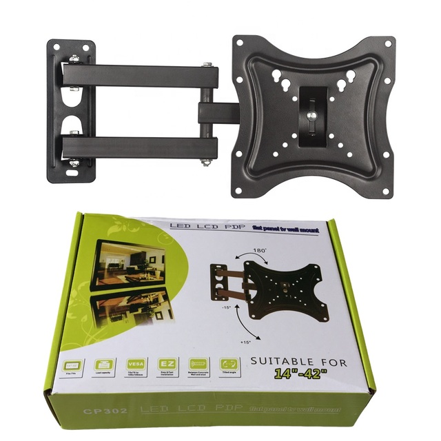 Single Swing Arm TV Wall Mount for 14-42inch Screens Full Motion Bracket 54-390mm Extension ±15° Tilt 180° Swivel Factory Direct
