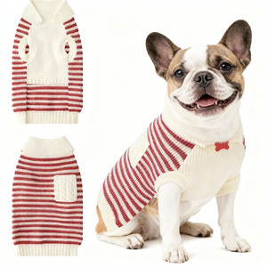 ملابس للحيوانات الأليفة، قميص مخطط أحمر وأبيض للقطط والكلاب، سترة قطنية محبوكة للكلاب للصيف - Product Image 1