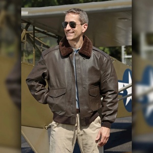 Blouson Bomber Homme Marron en Cuir Véritable Respirant Coupe Slim Col Montant Couleur Unie Coupe Droite Doublure en Fausse Fourrure Automne - Product Image 5