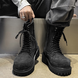 Botas de Cuero Negras para Hombre, Estilo Gótico, Diseño de Plataforma, Suela Gruesa, Cierre Lateral con Cremallera, Cordones, Impermeables, Duraderas, Antideslizantes, a la Moda - Product Image 2
