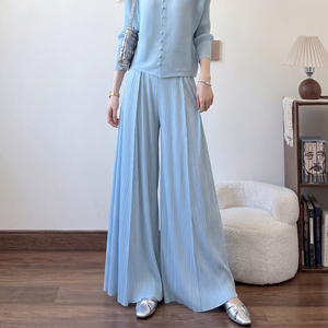 Women's Miyake Plus Size Mid Wide Leg Pleated Long Pants <b>Elastic</b> <b>Waist</b> Loose Slim Casual Spring 100% Polyester Minimalist Style - Product Image 3
