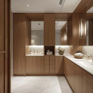 Ensemble de meubles de salle de bain et de rangement en contreplaqué, sur mesure, flottant, unique, luxueux, élégant, personnalisé pour hôtel - Product Image 1