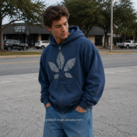 Sweat à capuche masculin OEM bleu marine délavé, en coton épais 420 g/m² de haute qualité, coupe oversize, avec poche zippée et impression en relief