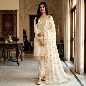 Ensemble Kurta et pantalon en soie blanche avec dupatta, tenue traditionnelle indienne pakistanaise pour mariage, longueur au sol, pour femmes - Product Image 1