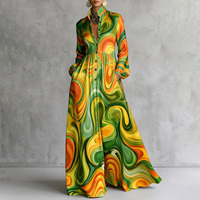 Robes longues à taille haute, manches longues, couleur contrastée, poches plissées, imprimées, col montant