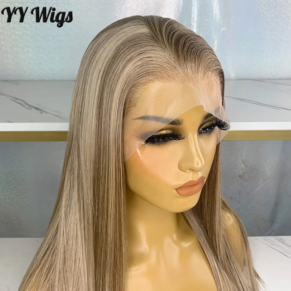 Silky Straight Mixed Blonde Highlight Color Futura Hair 13x4inch Heat Resistant Synthetic Lace Front Wigs For Black Women