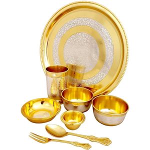 PARIJAT HANDICRAFT Traditional Indian <b>Dinnerware</b> Set Hammered Brass Thali Plate Bowls Glass Spoon Beautifully Handcrafted - Product Image 4